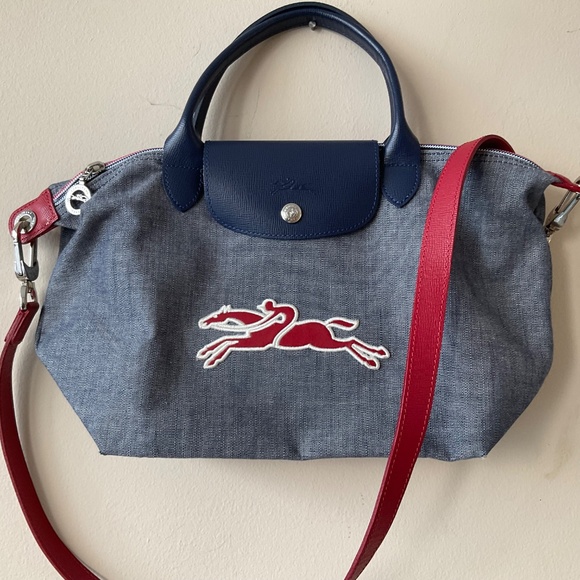 SOLD! Longchamp Navy Denim Horse Jockey Purse - Picture 2 of 16